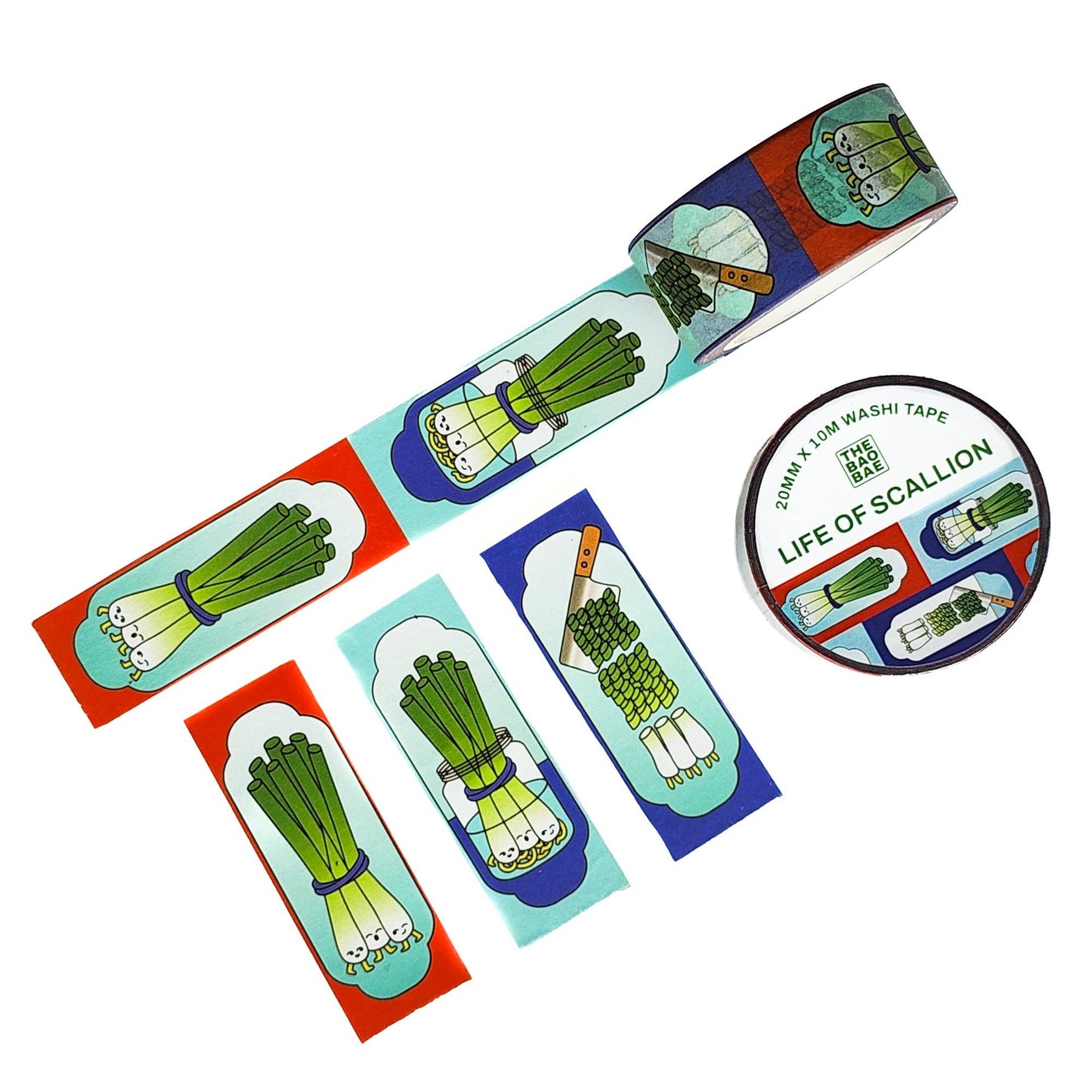A roll of washi tape and several flat strips featuring illustrated green onions/scallions, shown on a plain white background. The tape has a colorful design with red, blue, teal, and cream sections.