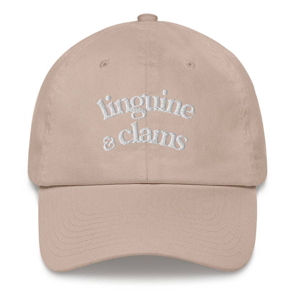 Beige cap with 'linguine & clarus' text on a white background