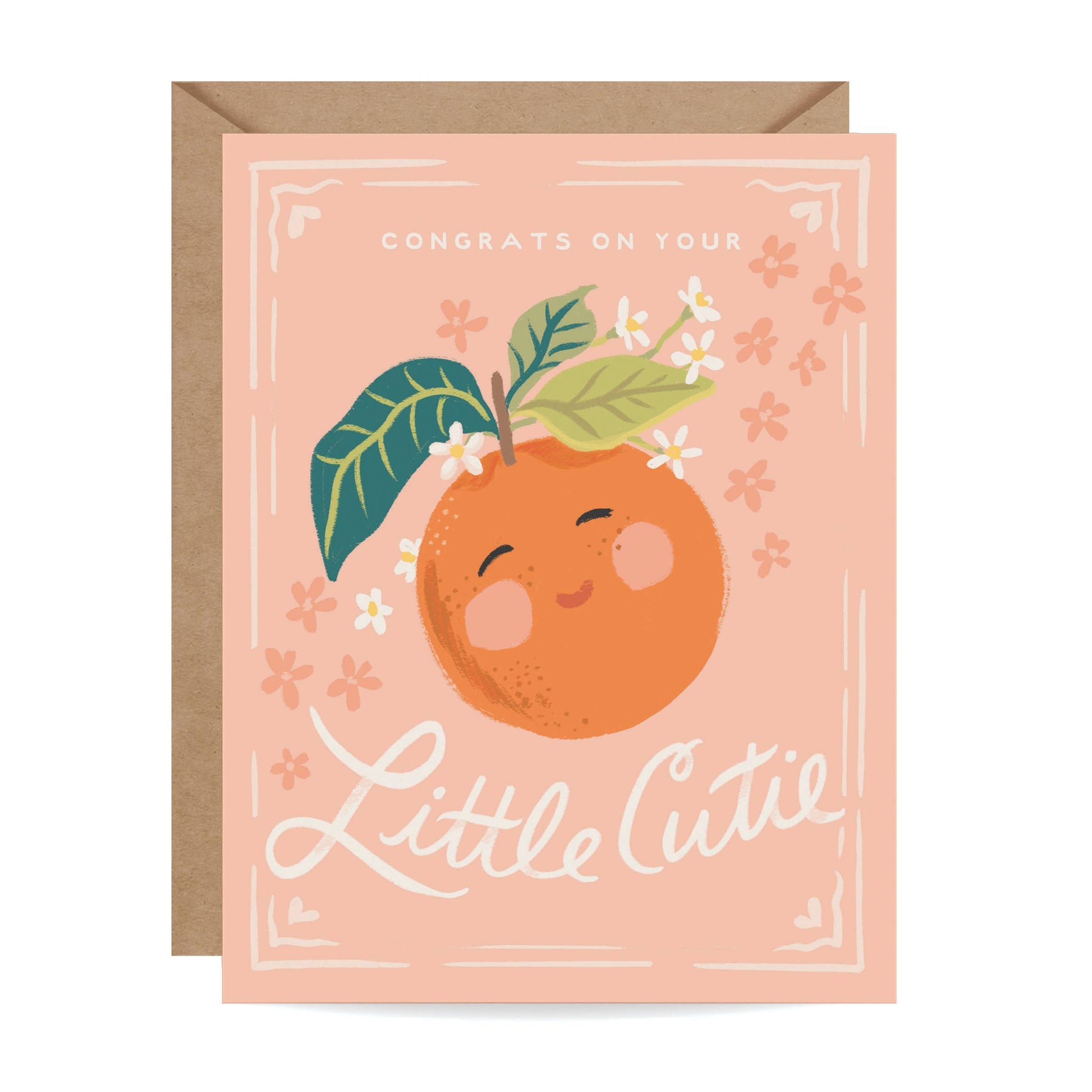Greeting card with a cartoon orange and floral design on a pink background
