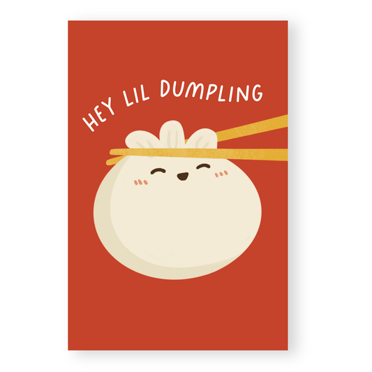 red postcard with soup dumpling design and text "hey lil dumpling" 