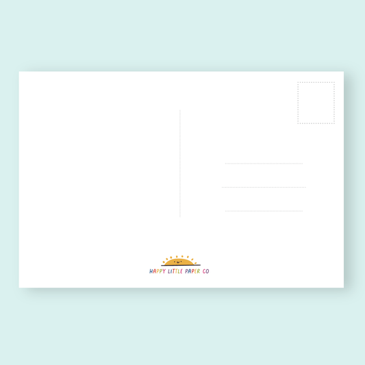 back of dumpling postcard with "happy little paper co" branding and lines for address and stamp 