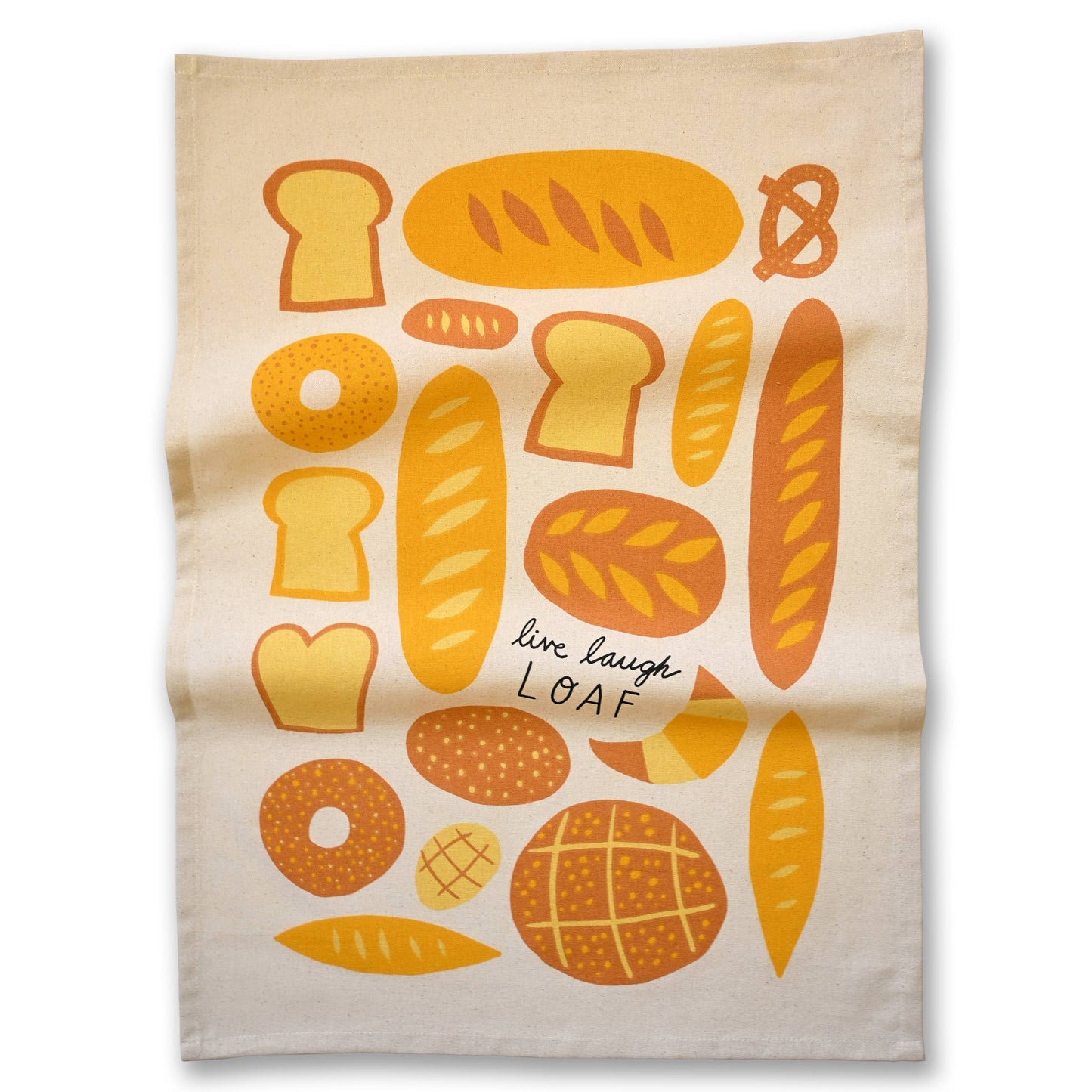 Beige towel with bread illustrations and 'live laugh LOAF' text on a white background