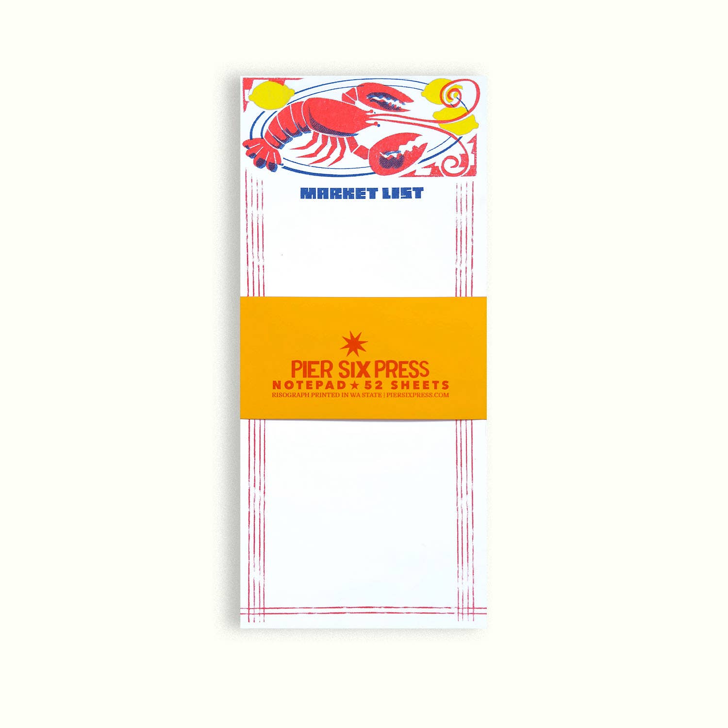 Notepad with lobster design and 'Pier Six Press' branding on a white background