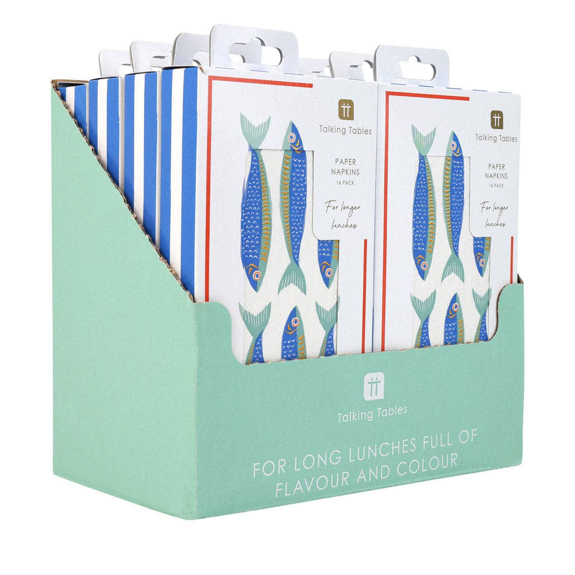 Packaging of paper napkins with fish design in a display box.