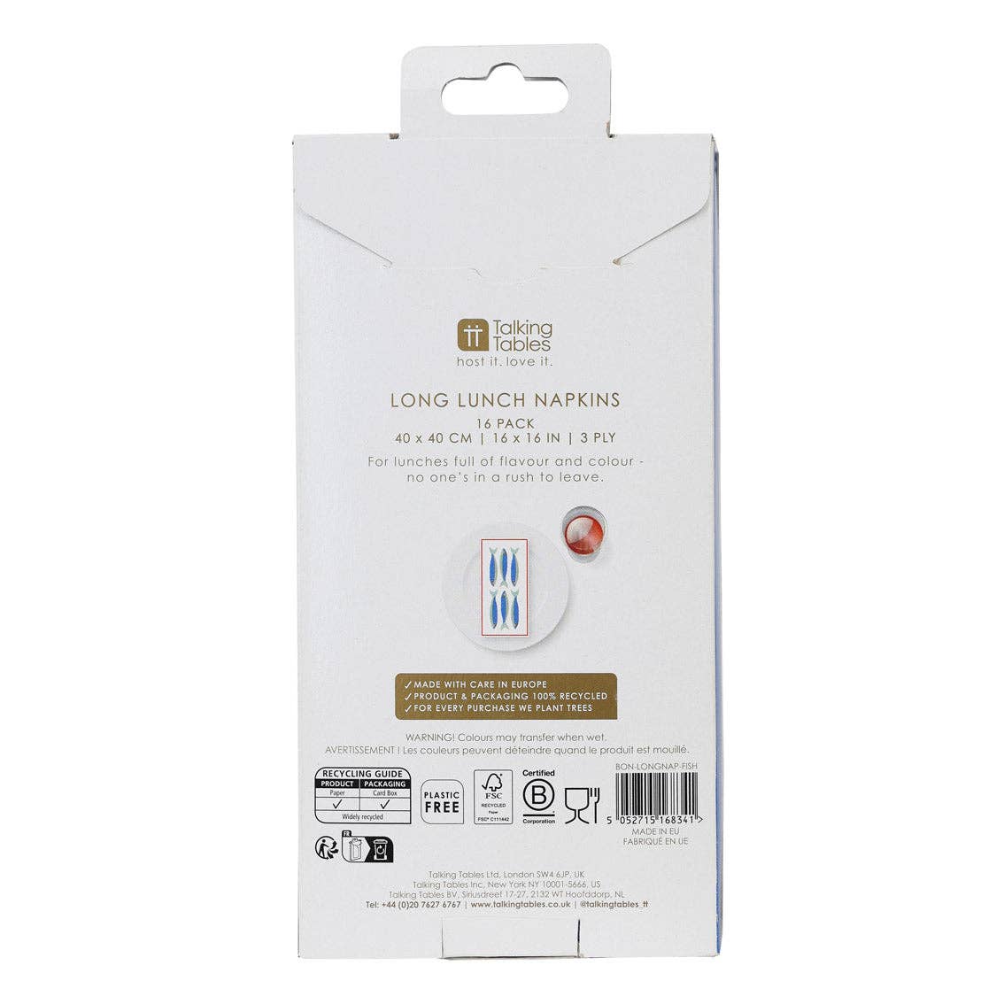 Packaging of long lunch napkins with brand logo on a white background