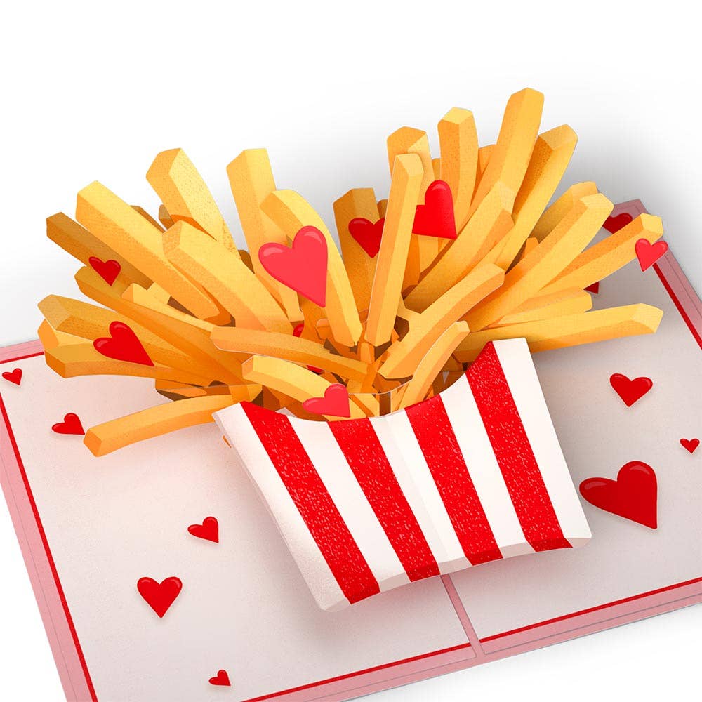 Pop-up card showing fries popping out from striped fries container with hearts.