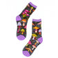 Pair of socks with colorful mushroom design on a white background