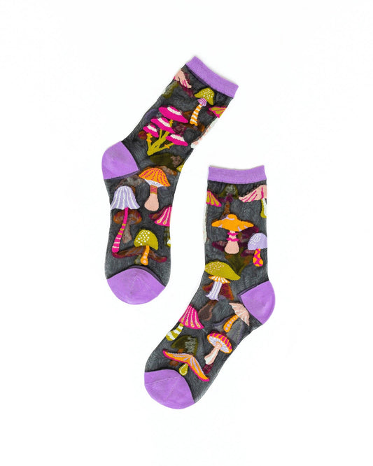 Pair of socks with colorful mushroom design on a white background