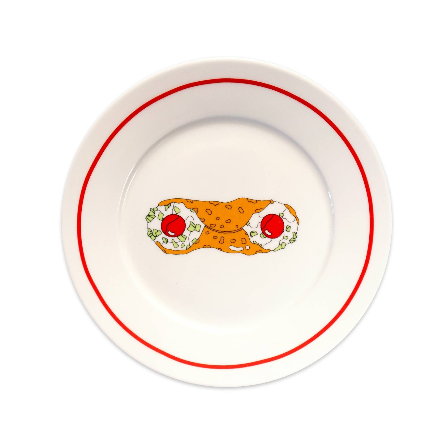 white ceramic plate with thin red stripe around the edge and cannoli artwork in the middle 