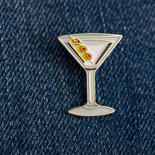 Martini lapel pin with 3 olives on a stick.