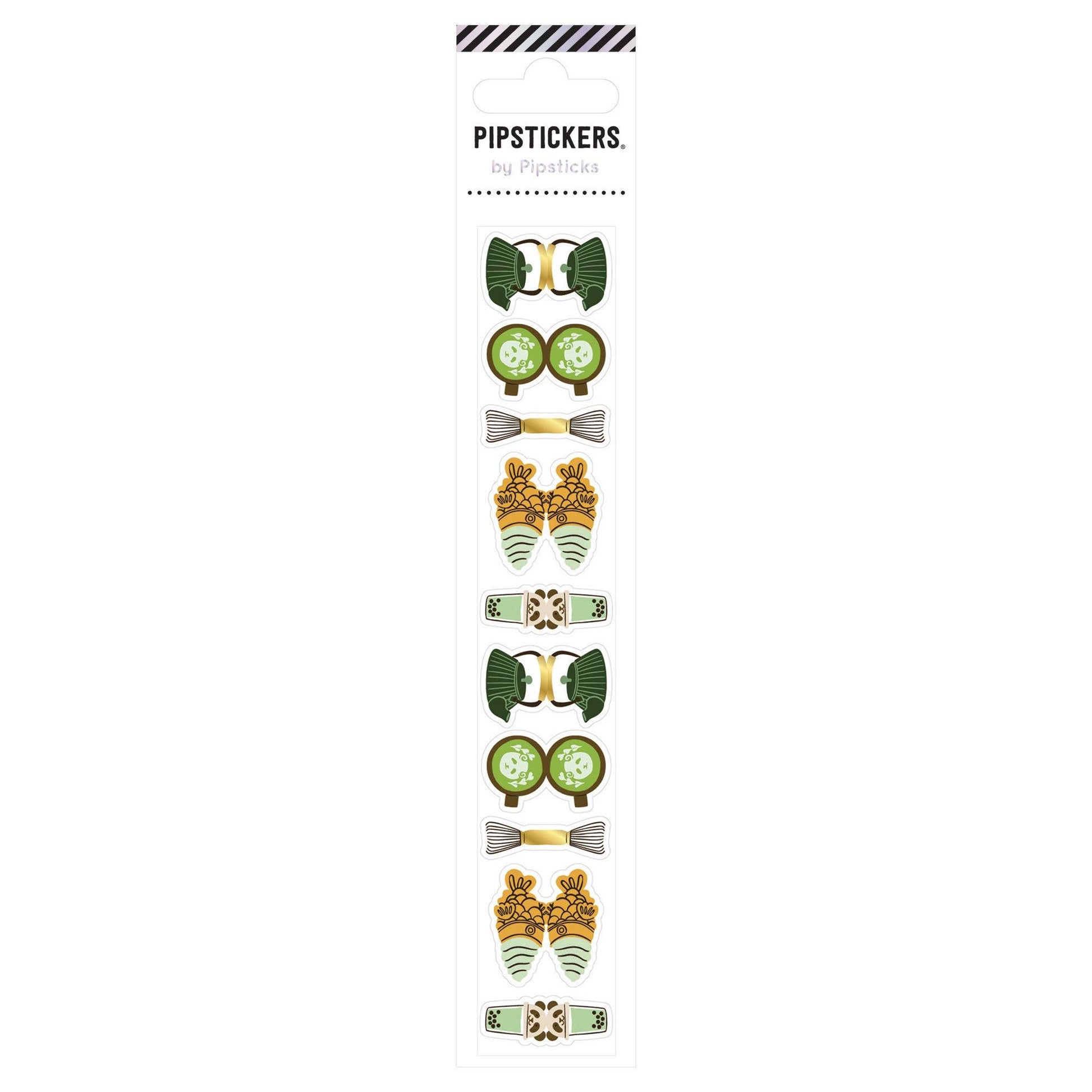 Set of decorative sticker tabs with green and gold matcha designs on a white background, branded 'PipStickers'.