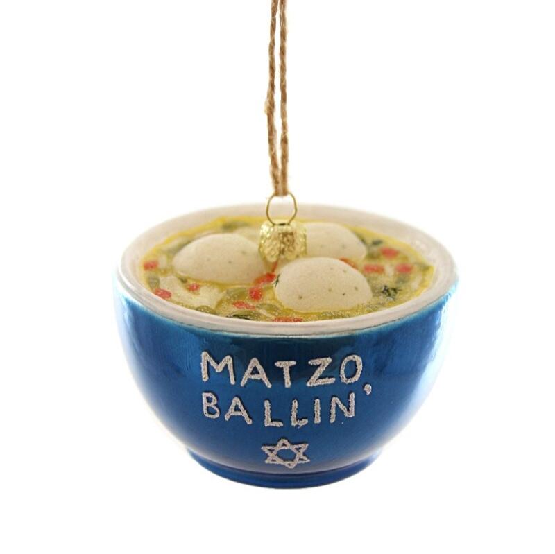 glass ornament that looks like a blue bowl full of matzo ball soup