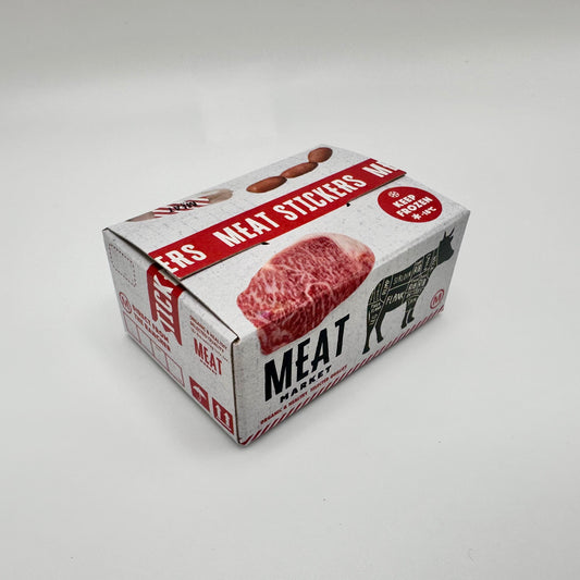 Meat Market Sticker Box. Text includes: Meat stickers, keep frozen, meat market. Picture of cow, sausage links and steak.