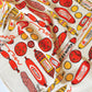 Kitchen towel with assorted meats, salami