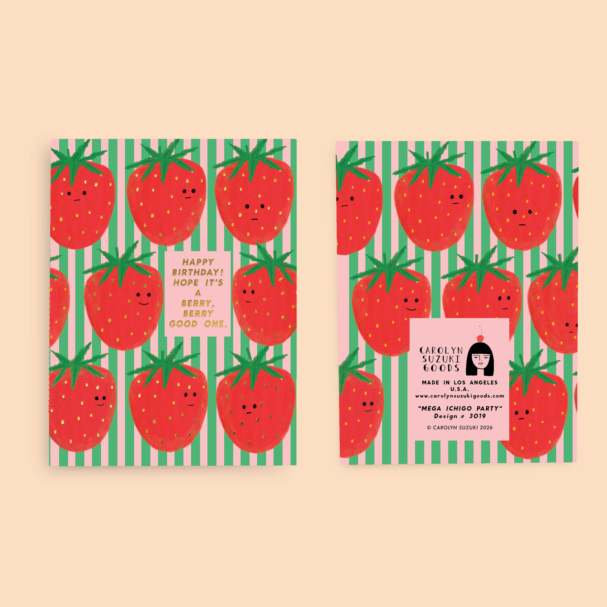 birthday card with a pink and green vertical stripe background with smiley faced big strawberries all over
