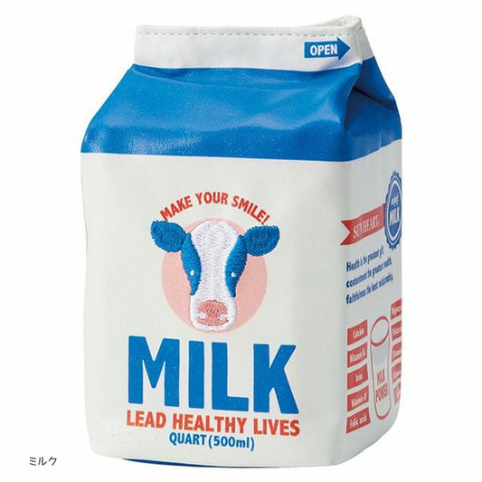 A pouch that looks like a Milk carton that is blue and white. the front says Milk Lead Healthy Lives with an embroidered cow on  the front that has text that says: Make your smile! above the cow.