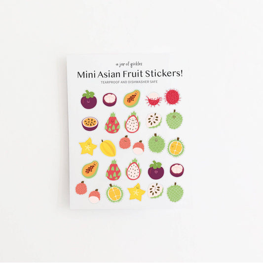 A sheet of fruit-themed stickers titled 'Mini Asian Fruit Stickers!' shown against a plain white background. The stickers feature illustrated fruits such as durian, papaya, star fruit, lychee, and dragon fruit in bright colors.