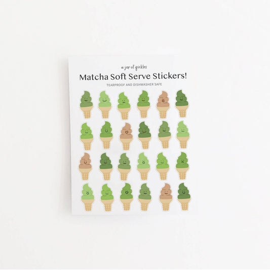 A sheet of matcha soft serve stickers featuring cute ice cream cone illustrations in various shades of green and brown, displayed on a clean white background.