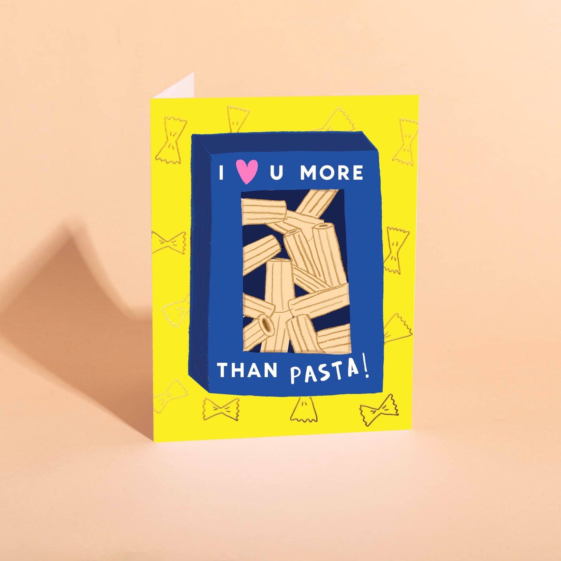 card with a box of pasta on it that reads "I <3 u more than pasta!" 