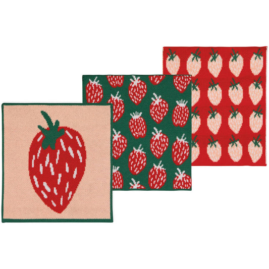 Set of 3 strawberry themed dish cloths, each having a different color and pattern 