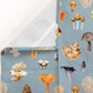 Light blue kitchen towel with various types of mushrooms on it 