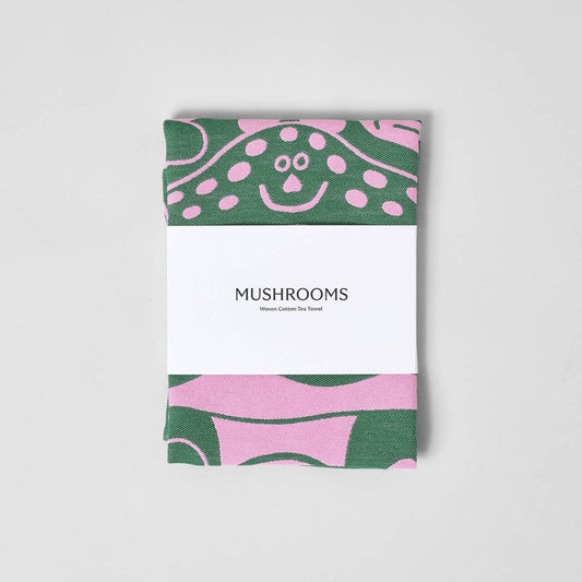 Mushroom towel with a green and pink abstract pattern on a white background