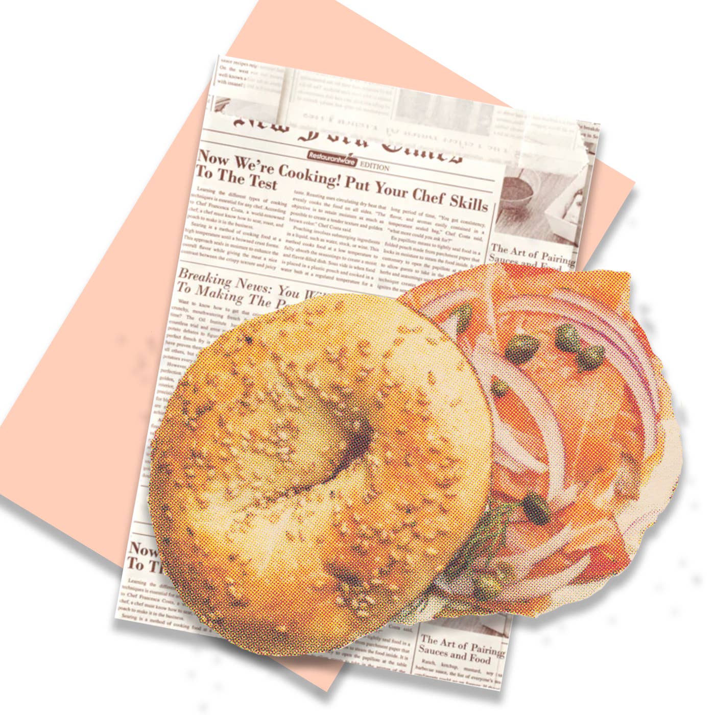 Bagel and lox designed post card on top of a newspaper envelope background