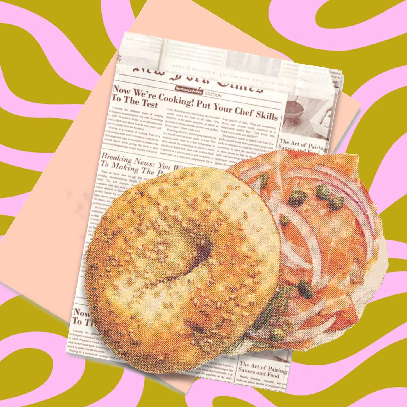 Bagel and lox postcard on a newspaper with a colorful abstract background