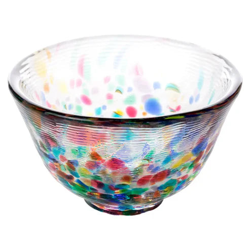 Multicolored sake glass cup on a white background