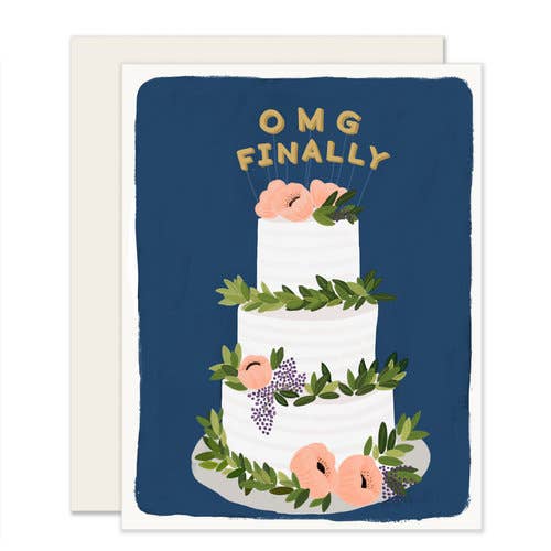 Card with a three tierd white wedding cake adorned with laurel leaves and peonies. Top of the cake says: OMG FINALLY