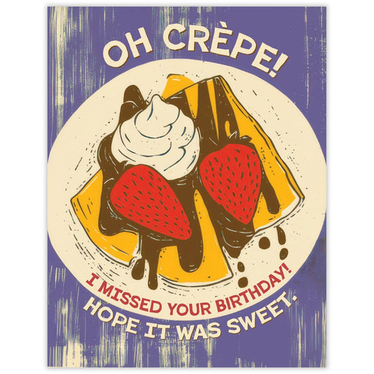 Greeting card with crèpe illustration and birthday message on a blue background