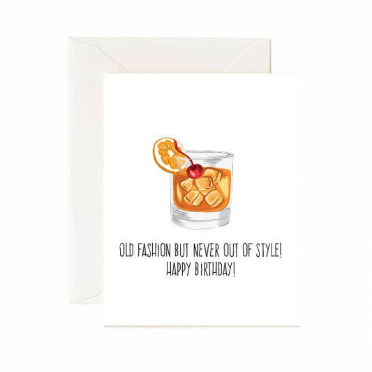 Greeting card with an Old Fashioned cocktail illustration and birthday message.