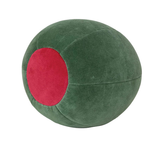 Green spherical Pimento Olive pillow with a red circle on a white background