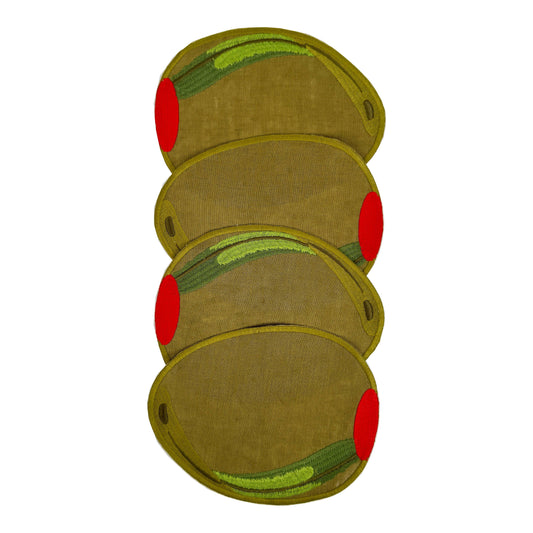 Set of 4, cloth napkins with embroidered details, shaped like stuffed green olives.