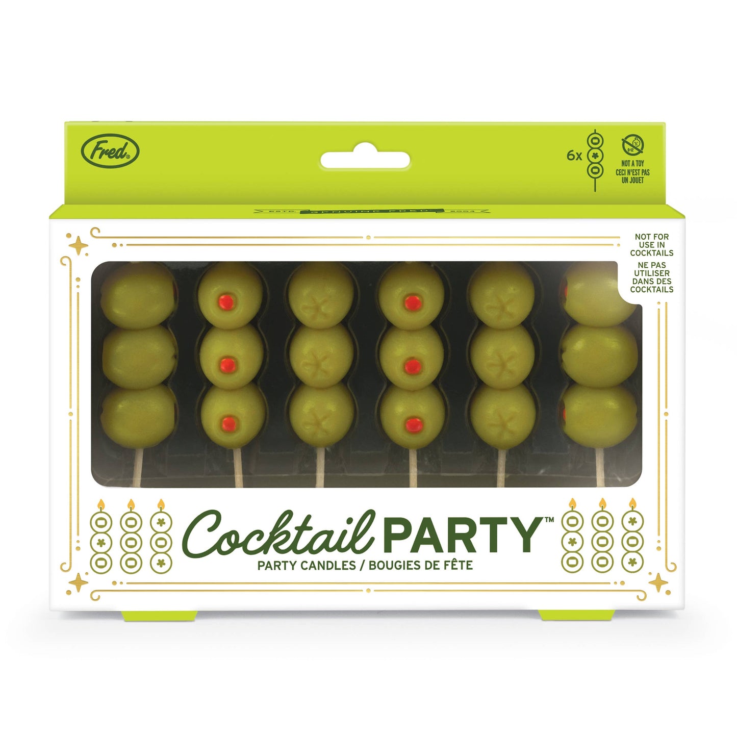 Packaging of cocktail party candles with green olives on sticks.