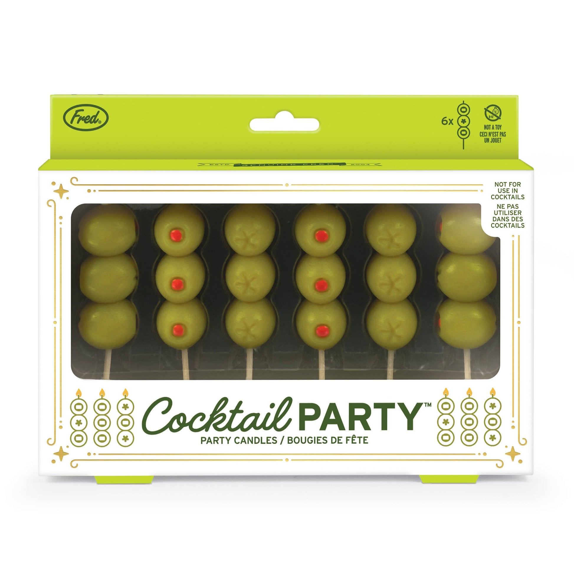 Packaging of cocktail party candles with green olives on sticks.