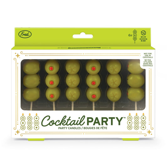 Packaging of cocktail party candles with green olives on sticks.