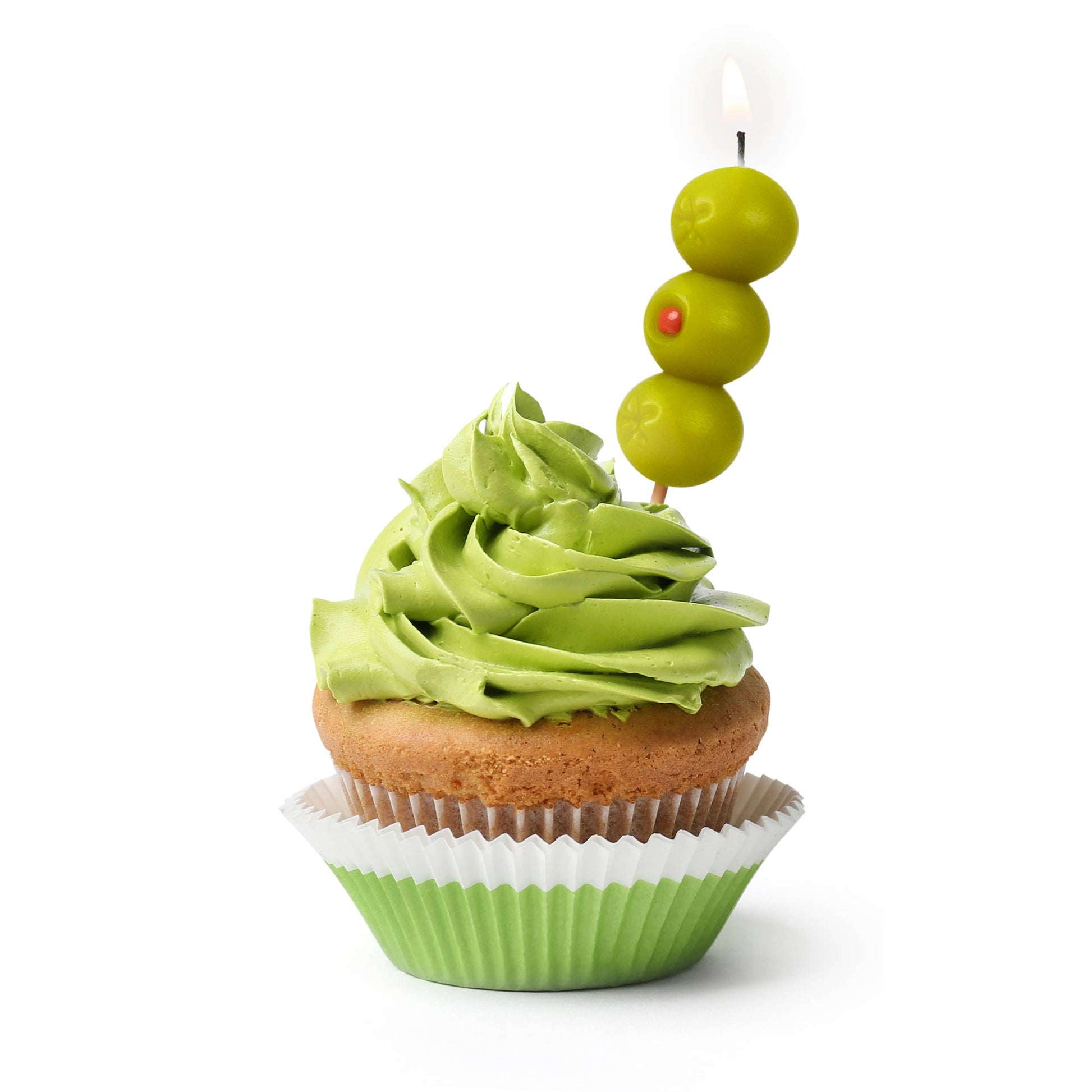 Cupcake with green frosting and olive skewer on a white background