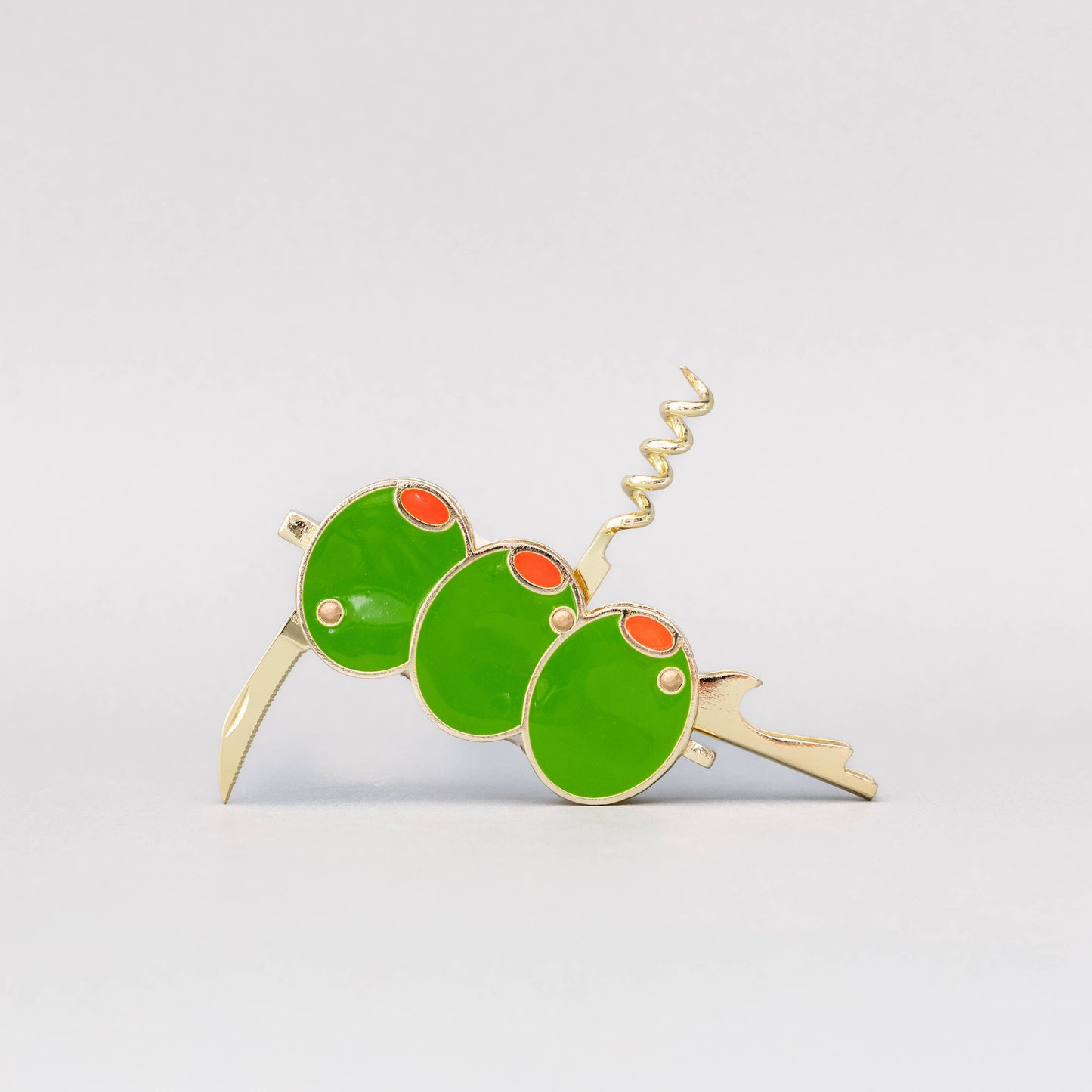 Green enamel olive corkscrew with gold detailing on a light gray background