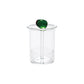 Clear glass container with a green olive lid on a white background