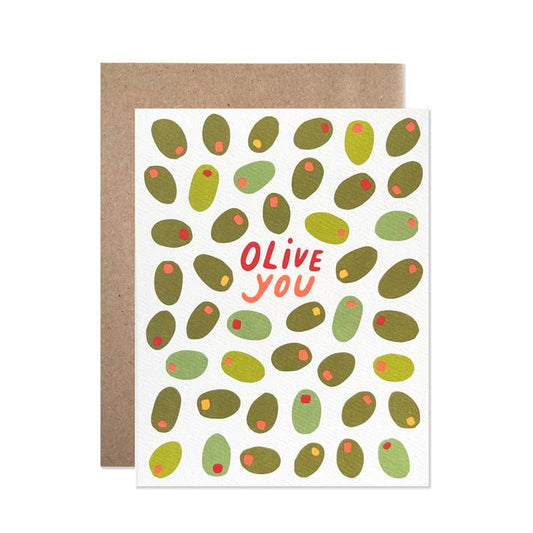 Greeting card with olive design and 'Olive you' text on a white background