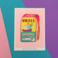 Illustration of a vintage-style sardine can label on a colorful geometric background