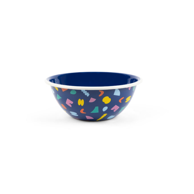 Enamel bowl -- dark blue with different colored shapes on it \