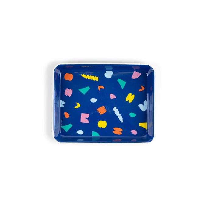 Enamel tray -- blue background with colorful confetti shapes on it 
