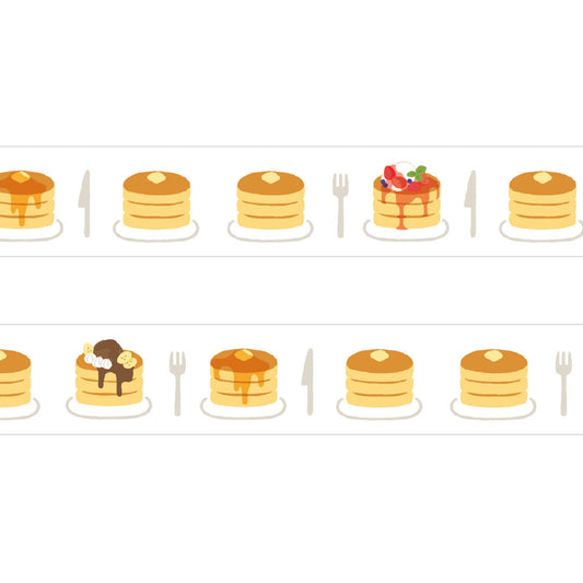 Washi tape featuring a stack of pancakes with a fork and knife. Some pancakes have topping such as strawberries and bananas.