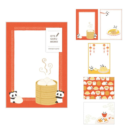 Notepad that comes with 10 pages of each of the five designs for a total of 50 pages. The pad is lightly gummed at the top, which allows you to tear away any page without disrupting the other pages. Each pad is 75mm wide by 105mm tall. Each design differs but all have panda bears eating a type of food like fried rice, dumplings and ramen 