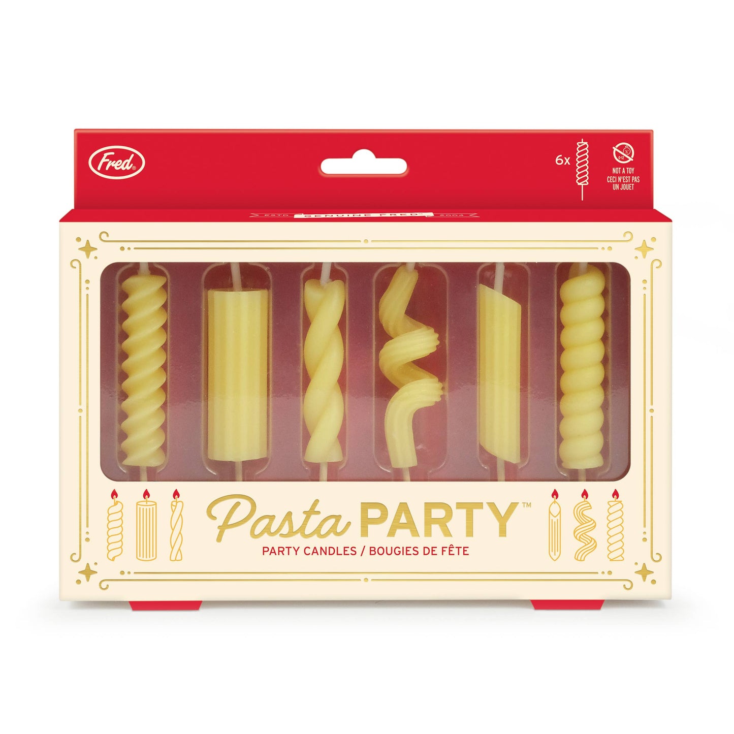 Pasta candles in the shape of assorted pasta shapes. In a retail display box.