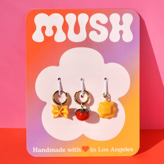 Pasta Earring set on a 'MUSH' branded card with a pink and orange gradient background