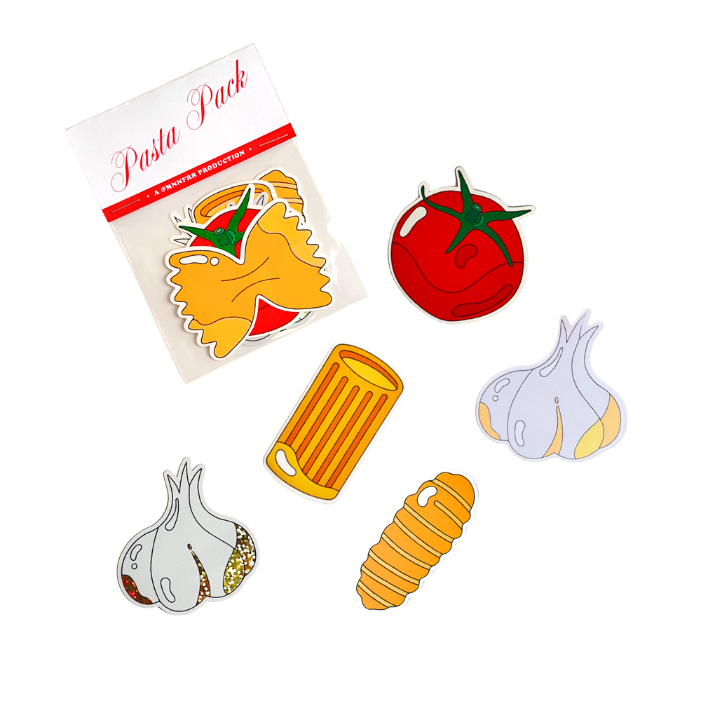 Pasta pack of stickers -- includes 1 rigatone, 1 farfalla, 1 cavatello, 1 tomato, 1 garlic and 1 glitter garlic sticker 