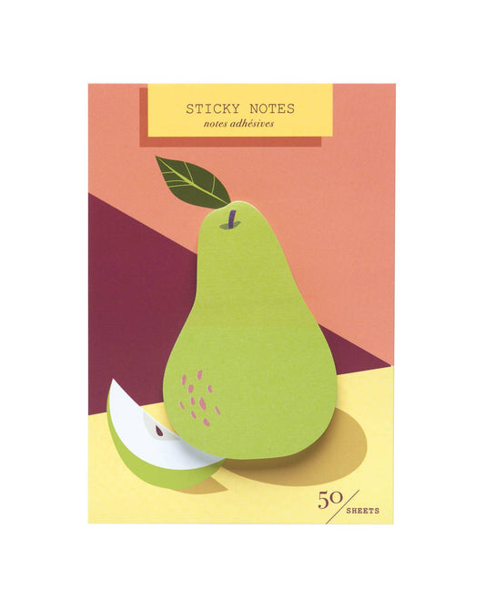 Die-cut pear sticky notes on block-colored card backing.